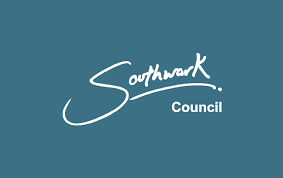 Southwark council logo with a blue background.