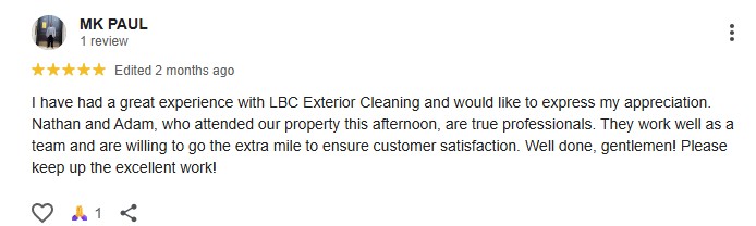 A 5-star Google review by MK Paul praises LBC Exterior Cleaning’s iconic building cleaning. The review highlights Nathan and Adam’s professionalism, teamwork, and dedication to customer satisfaction. The reviewer encourages them to keep up the excellent work.