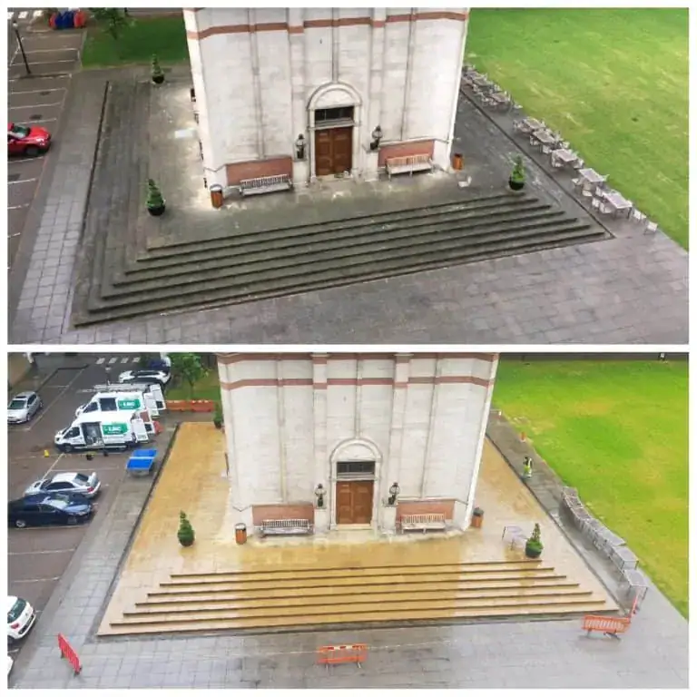 Two aerial photos show the entrance of a large stone building before and after school exterior cleaning—the top image shows dark, dirty steps, while the bottom reveals much lighter, cleaner pavement and steps.