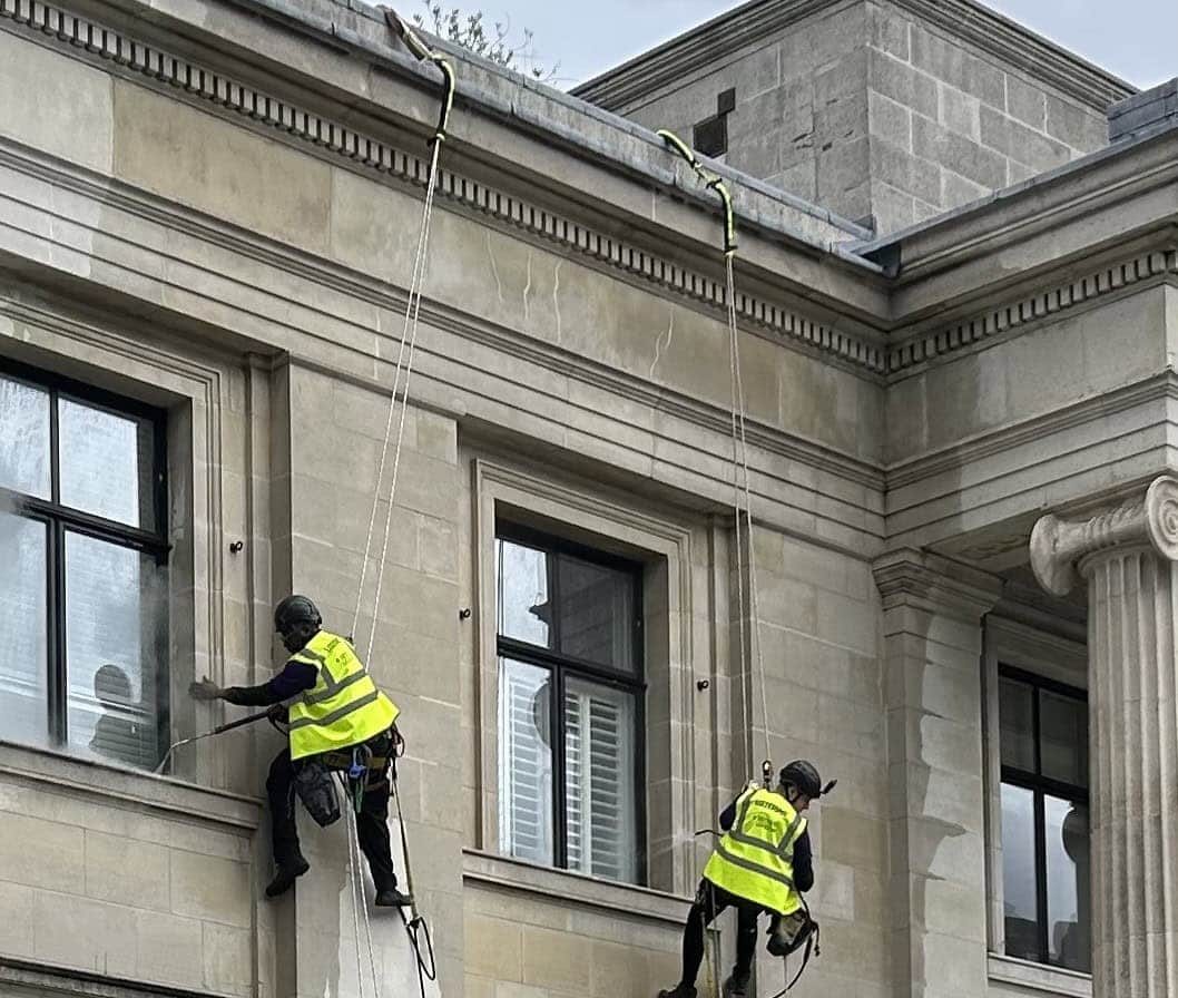 High rise rope access window cleaning by LBC Exterior Cleaning, IRATA certified operatives